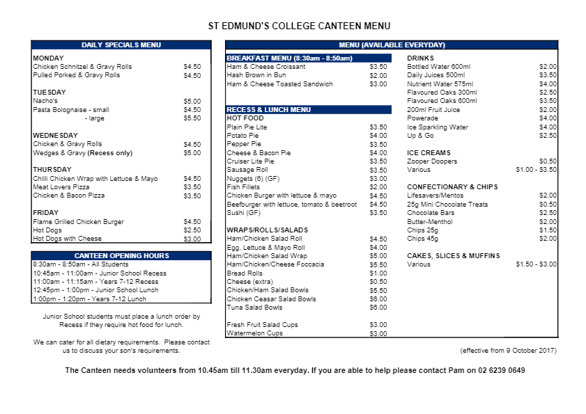 Canteen Menu October 2017 · St Edmunds College Canberra